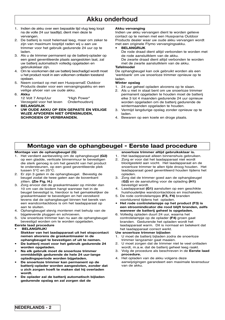 Akku onderhoud, Montage van de ophangbeugel, Eerste laad procedure | Nederlands - 2 | Flymo Contour Power Plus Cordless Trimmer User Manual | Page 16 / 72