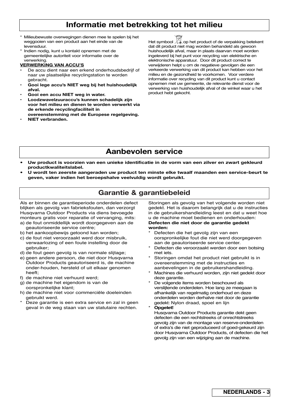 Informatie met betrekking tot het milieu, Aanbevolen service, Garantie & garantiebeleid | Nederlands - 3 | Flymo Contour Power Plus Cordless Trimmer User Manual | Page 17 / 72