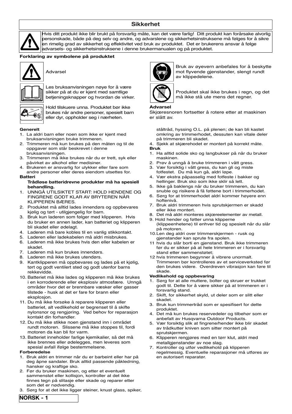 Sikkerhet, Norsk - 1 | Flymo Contour Power Plus Cordless Trimmer User Manual | Page 18 / 72