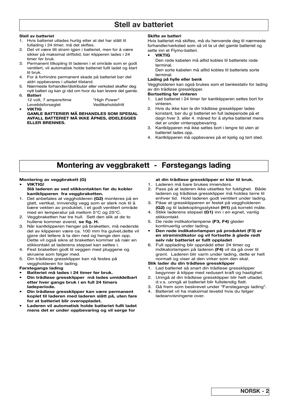 Stell av batteriet, Montering av veggbrakett - førstegangs lading, Norsk - 2 | Flymo Contour Power Plus Cordless Trimmer User Manual | Page 19 / 72