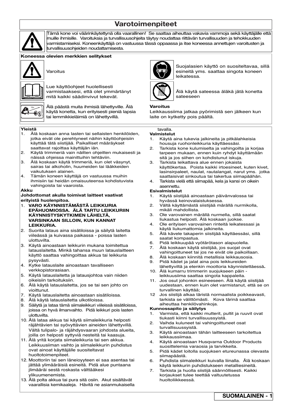 Varotoimenpiteet, Suomalainen - 1 | Flymo Contour Power Plus Cordless Trimmer User Manual | Page 21 / 72