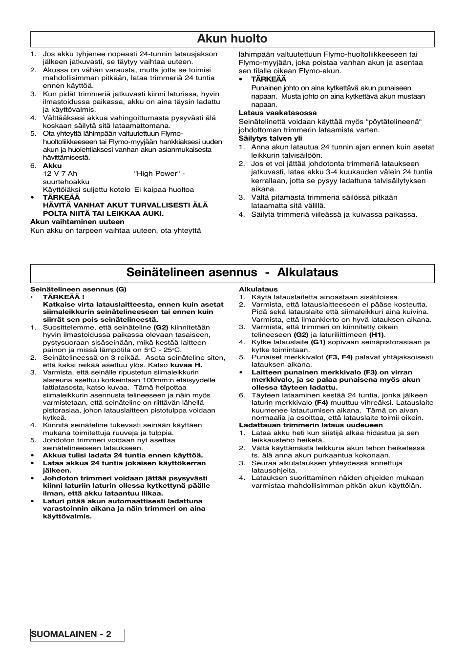Akun huolto, Seinätelineen asennus - alkulataus, Suomalainen - 2 | Flymo Contour Power Plus Cordless Trimmer User Manual | Page 22 / 72