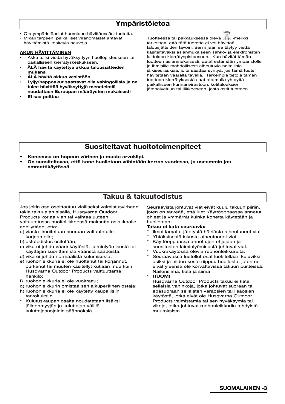 Takuu & takuutodistus, Ympäristöietoa, Suositeltavat huoltotoimenpiteet | Suomalainen -3 | Flymo Contour Power Plus Cordless Trimmer User Manual | Page 23 / 72