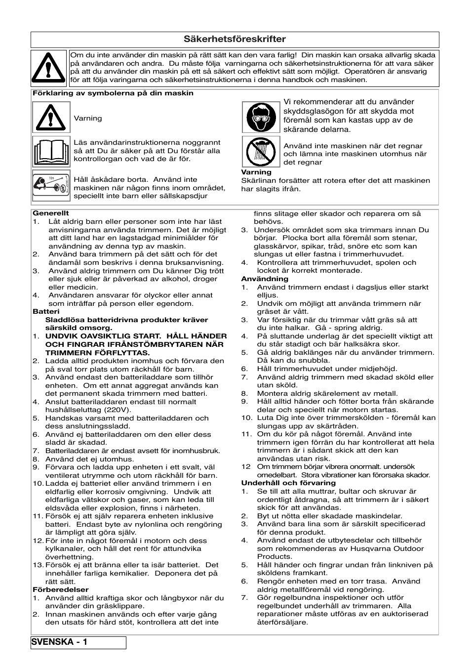 Säkerhetsföreskrifter, Svenska - 1 | Flymo Contour Power Plus Cordless Trimmer User Manual | Page 24 / 72