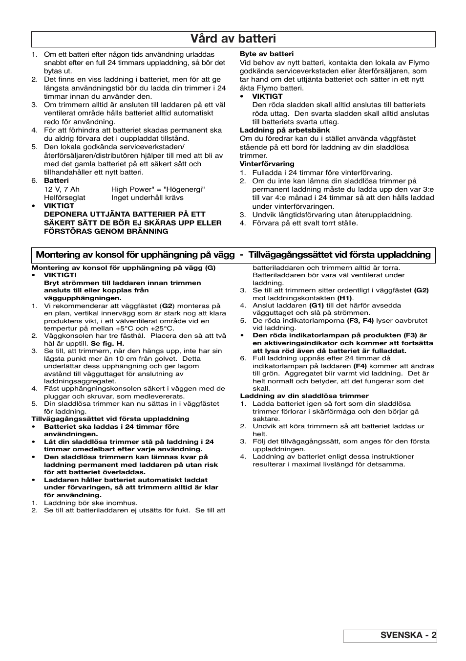 Vård av batteri, Svenska - 2, Montering av konsol för upphängning på vägg | Tillvägagångssättet vid första uppladdning | Flymo Contour Power Plus Cordless Trimmer User Manual | Page 25 / 72