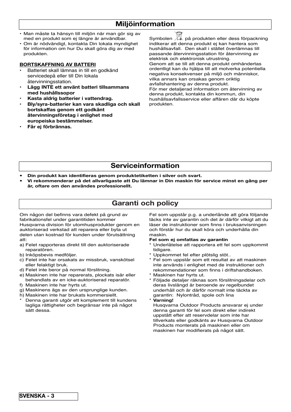 Garanti och policy, Miljöinformation, Serviceinformation | Svenska - 3 | Flymo Contour Power Plus Cordless Trimmer User Manual | Page 26 / 72