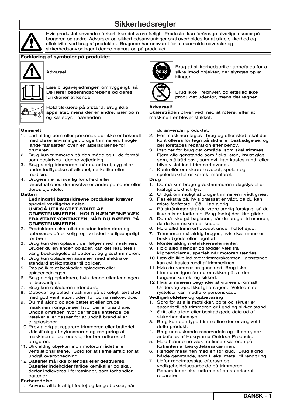 Sikkerhedsregler, Dansk - 1 | Flymo Contour Power Plus Cordless Trimmer User Manual | Page 27 / 72