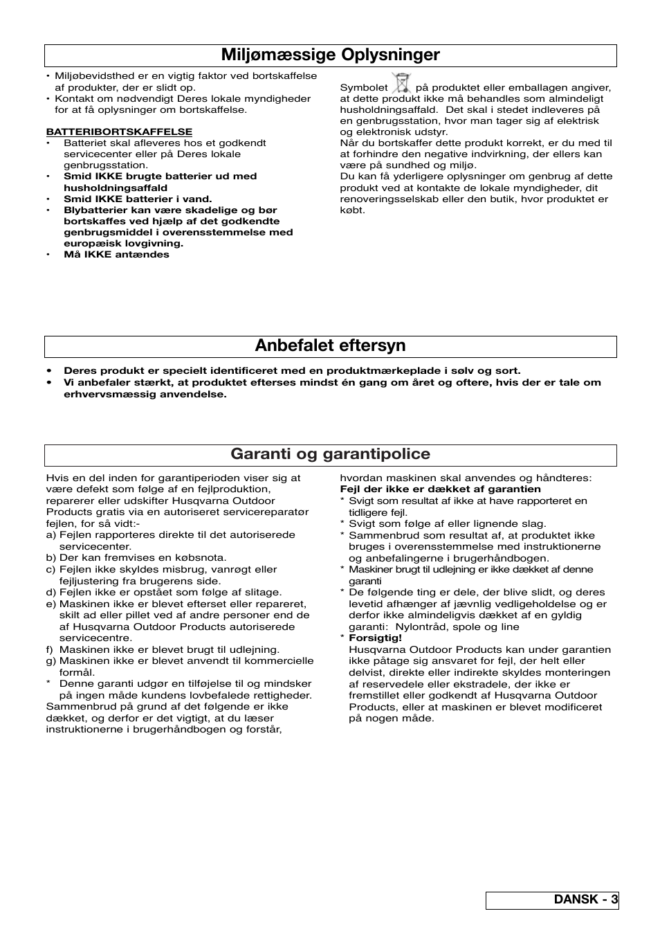 Miljømæssige oplysninger, Anbefalet eftersyn, Garanti og garantipolice | Dansk - 3 | Flymo Contour Power Plus Cordless Trimmer User Manual | Page 29 / 72
