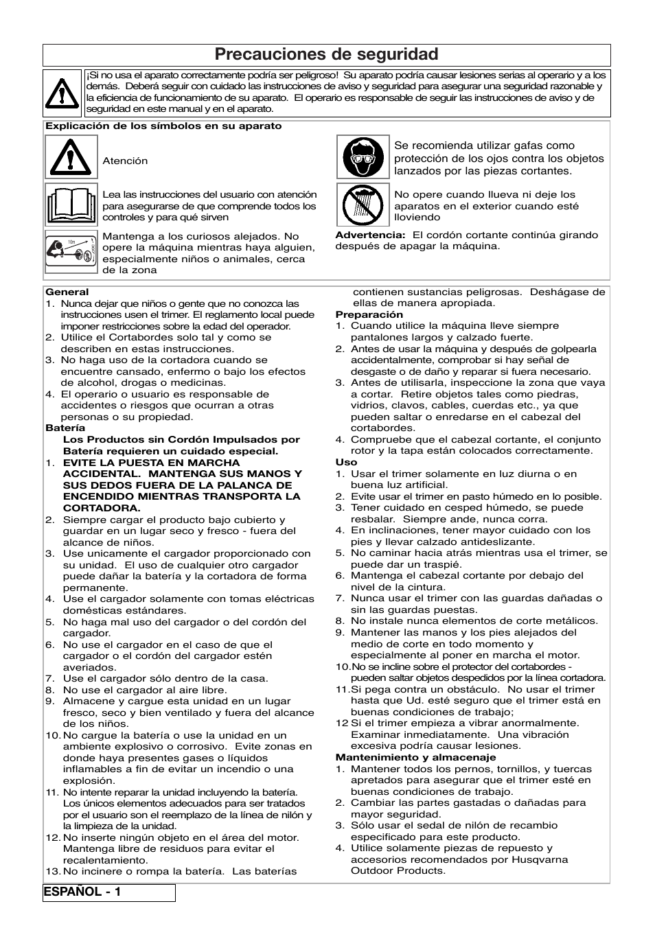 Precauciones de seguridad, Español - 1 | Flymo Contour Power Plus Cordless Trimmer User Manual | Page 30 / 72