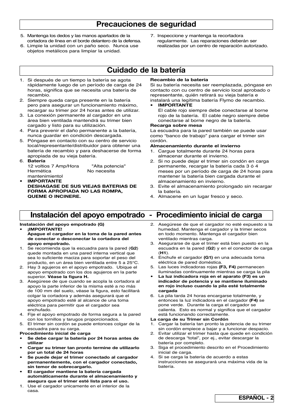Precauciones de seguridad cuidado de la batería, Español - 2 | Flymo Contour Power Plus Cordless Trimmer User Manual | Page 31 / 72