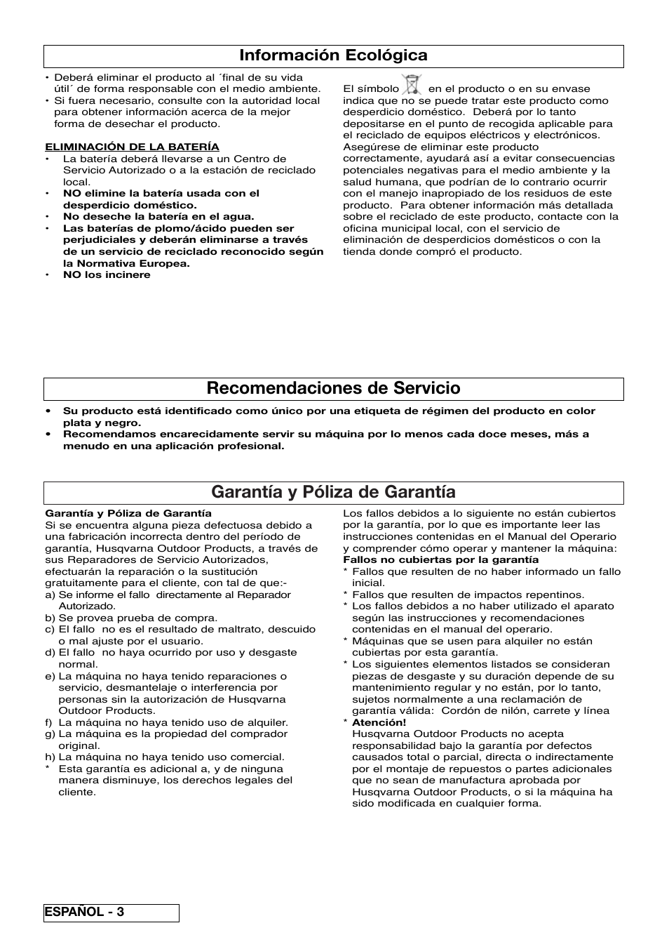 Garantía y póliza de garantía, Recomendaciones de servicio, Información ecológica | Español - 3 | Flymo Contour Power Plus Cordless Trimmer User Manual | Page 32 / 72