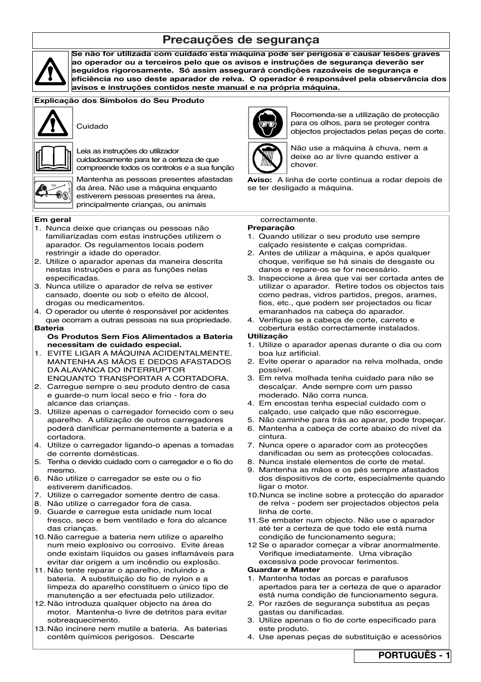 Precauções de segurança, Português - 1 | Flymo Contour Power Plus Cordless Trimmer User Manual | Page 33 / 72