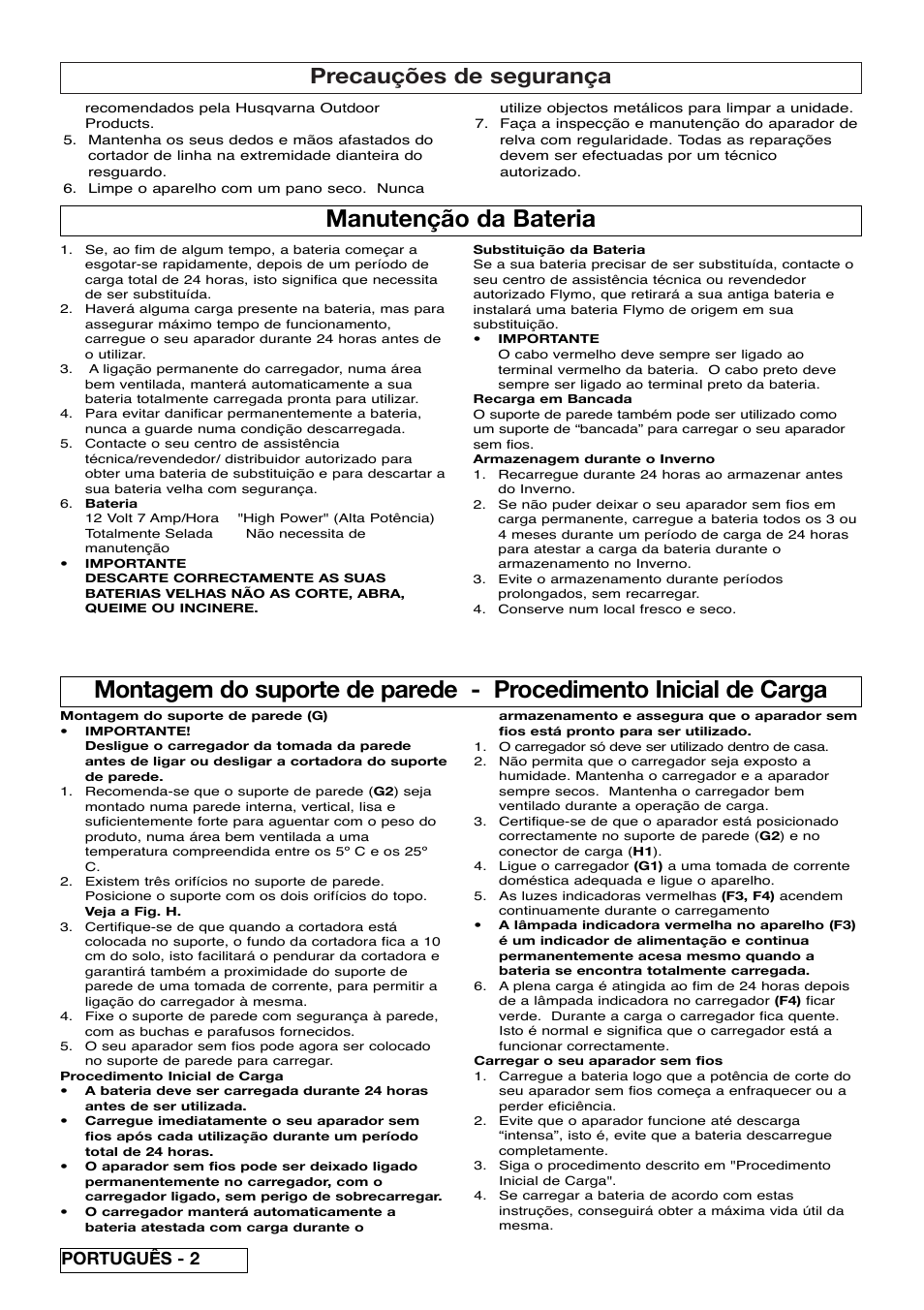 Manutenção da bateria, Precauções de segurança, Português - 2 | Flymo Contour Power Plus Cordless Trimmer User Manual | Page 34 / 72