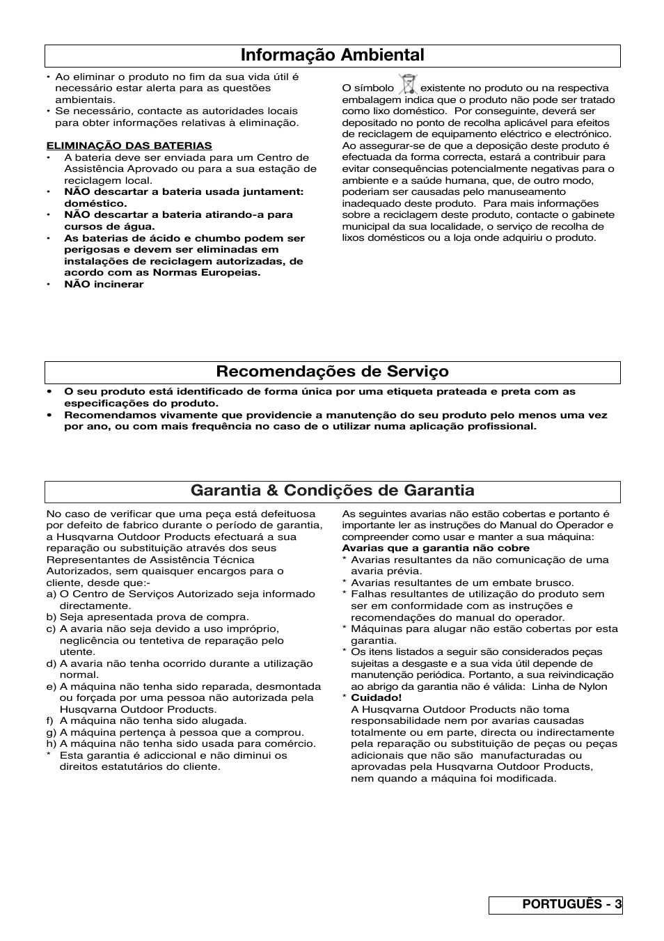 Informação ambiental, Garantia & condições de garantia, Recomendações de serviço | Português - 3 | Flymo Contour Power Plus Cordless Trimmer User Manual | Page 35 / 72