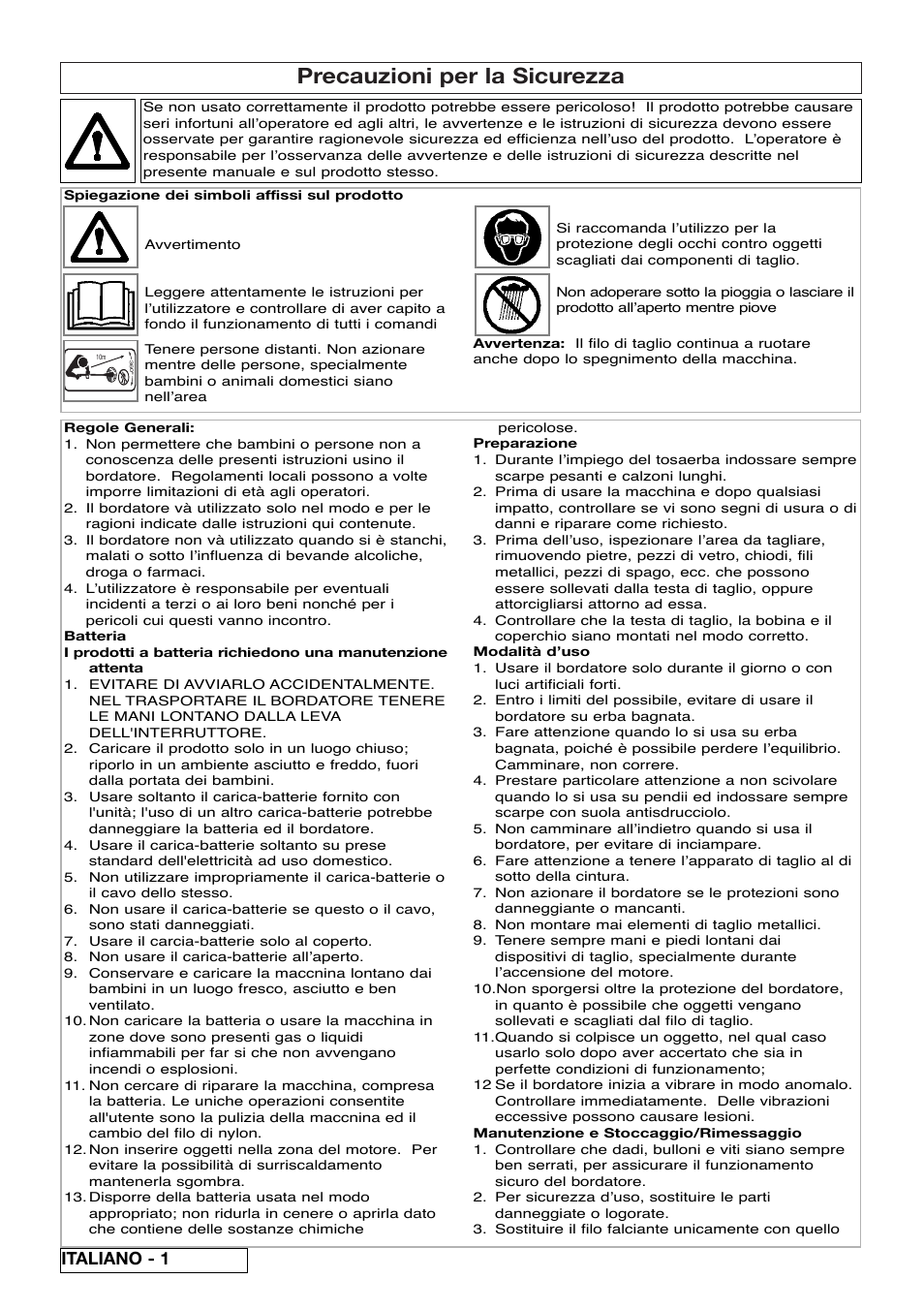Precauzioni per la sicurezza, Italiano - 1 | Flymo Contour Power Plus Cordless Trimmer User Manual | Page 36 / 72