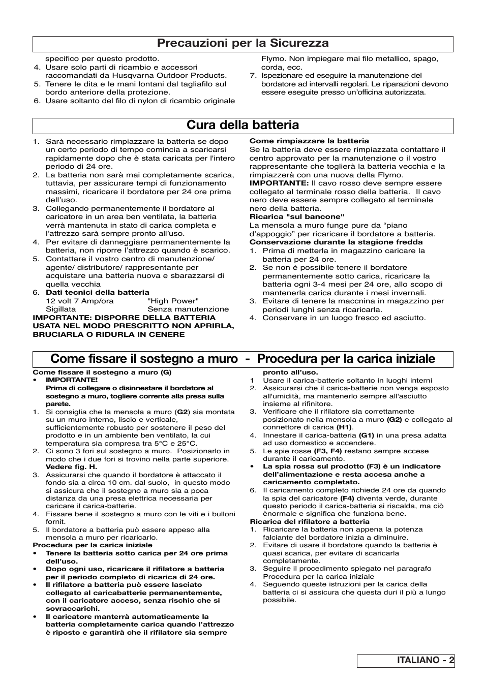 Cura della batteria, Precauzioni per la sicurezza, Italiano - 2 | Flymo Contour Power Plus Cordless Trimmer User Manual | Page 37 / 72