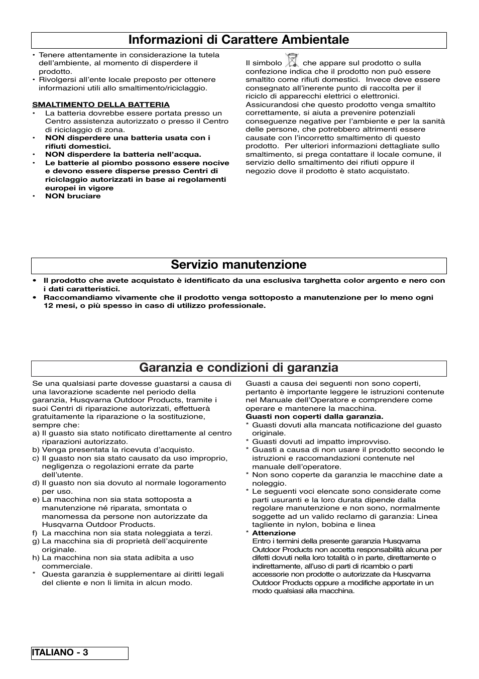 Garanzia e condizioni di garanzia, Informazioni di carattere ambientale, Servizio manutenzione | Italiano - 3 | Flymo Contour Power Plus Cordless Trimmer User Manual | Page 38 / 72