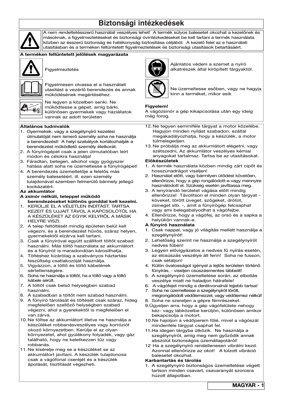 Biztonsági intézkedések, Magyar - 1 | Flymo Contour Power Plus Cordless Trimmer User Manual | Page 39 / 72