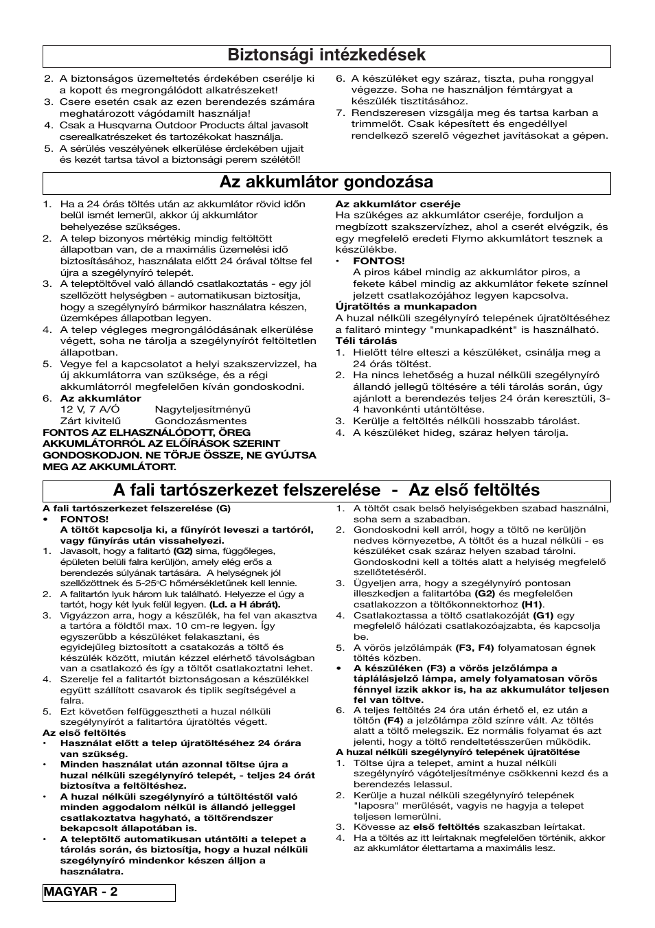 Biztonsági intézkedések, Az akkumlátor gondozása, Magyar - 2 | Flymo Contour Power Plus Cordless Trimmer User Manual | Page 40 / 72