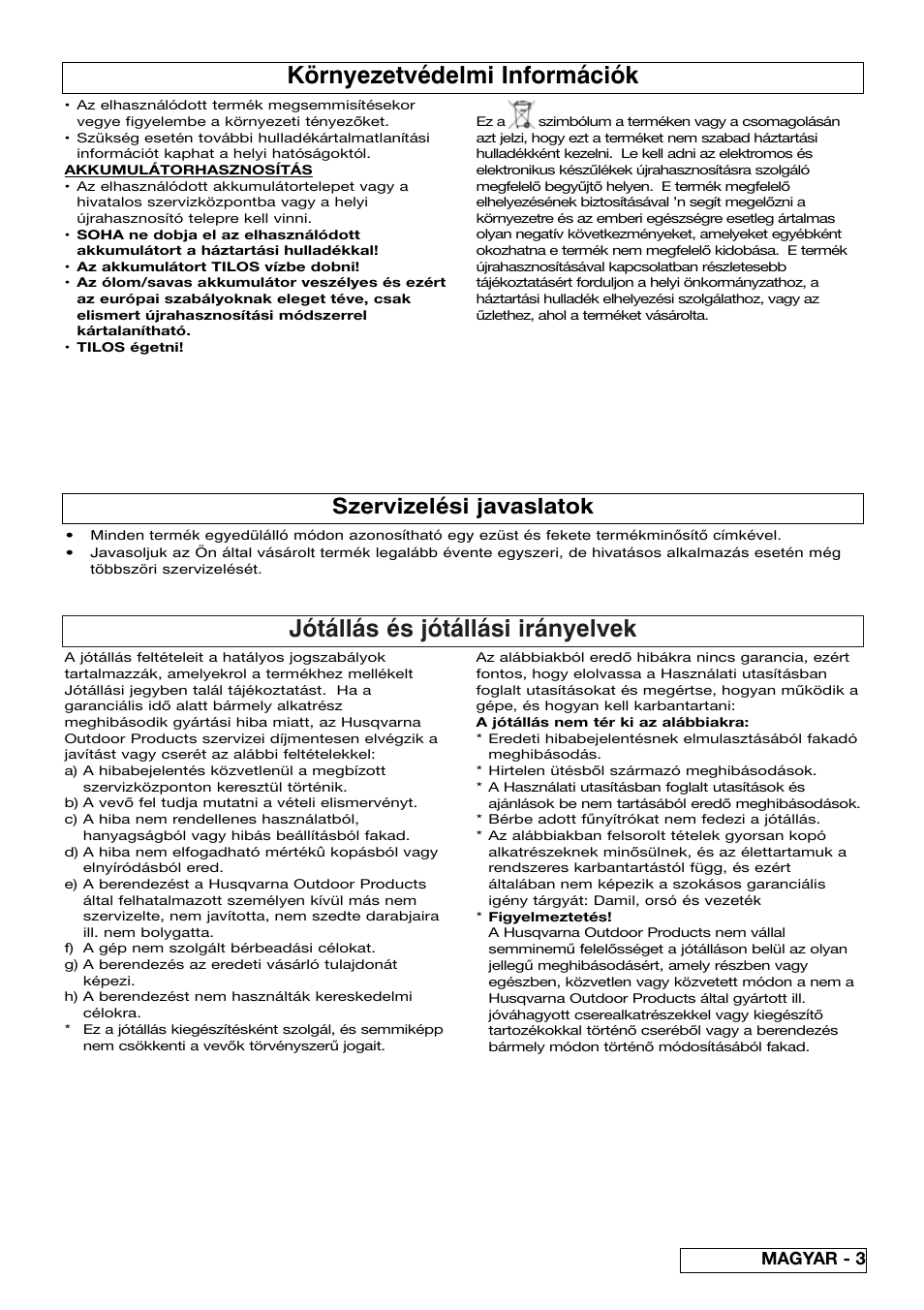 Jótállás és jótállási irányelvek, Környezetvédelmi információk, Szervizelési javaslatok | Magyar - 3 | Flymo Contour Power Plus Cordless Trimmer User Manual | Page 41 / 72