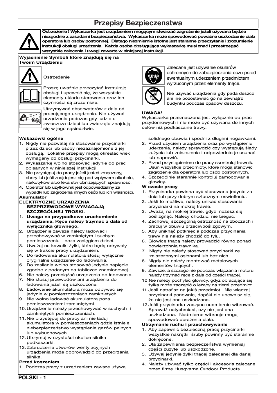 Przepisy bezpieczenstwa, Polski - 1 | Flymo Contour Power Plus Cordless Trimmer User Manual | Page 42 / 72