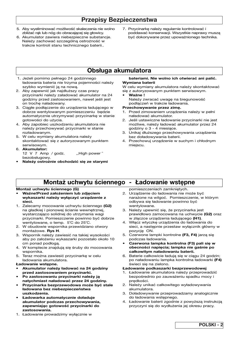 Przepisy bezpieczenstwa, Obsługa akumulatora, Montaż uchwytu ściennego - ładowanie wstępne | Polski - 2 | Flymo Contour Power Plus Cordless Trimmer User Manual | Page 43 / 72