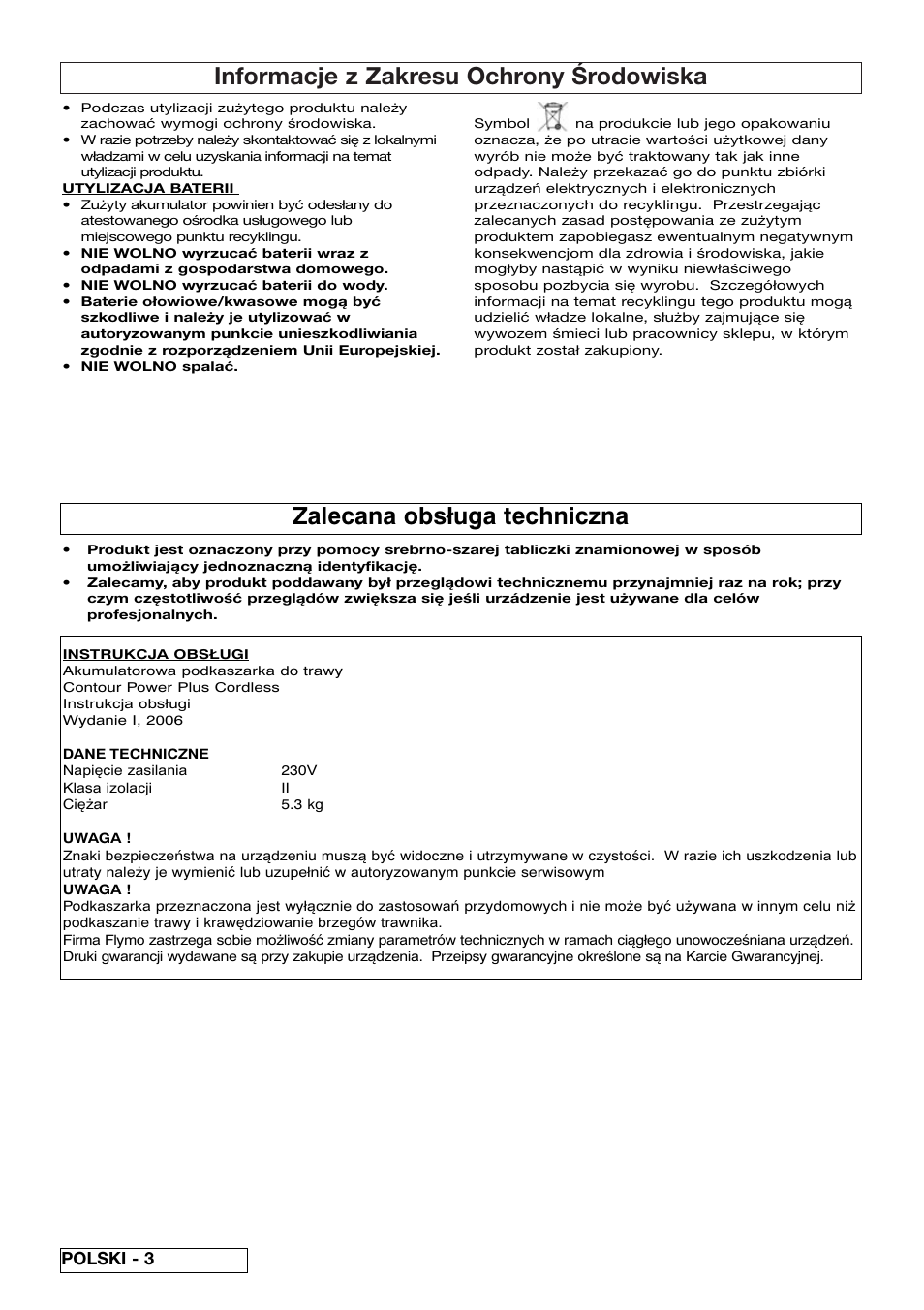 Informacje z zakresu ochrony środowiska, Zalecana obsługa techniczna, Polski - 3 | Flymo Contour Power Plus Cordless Trimmer User Manual | Page 44 / 72