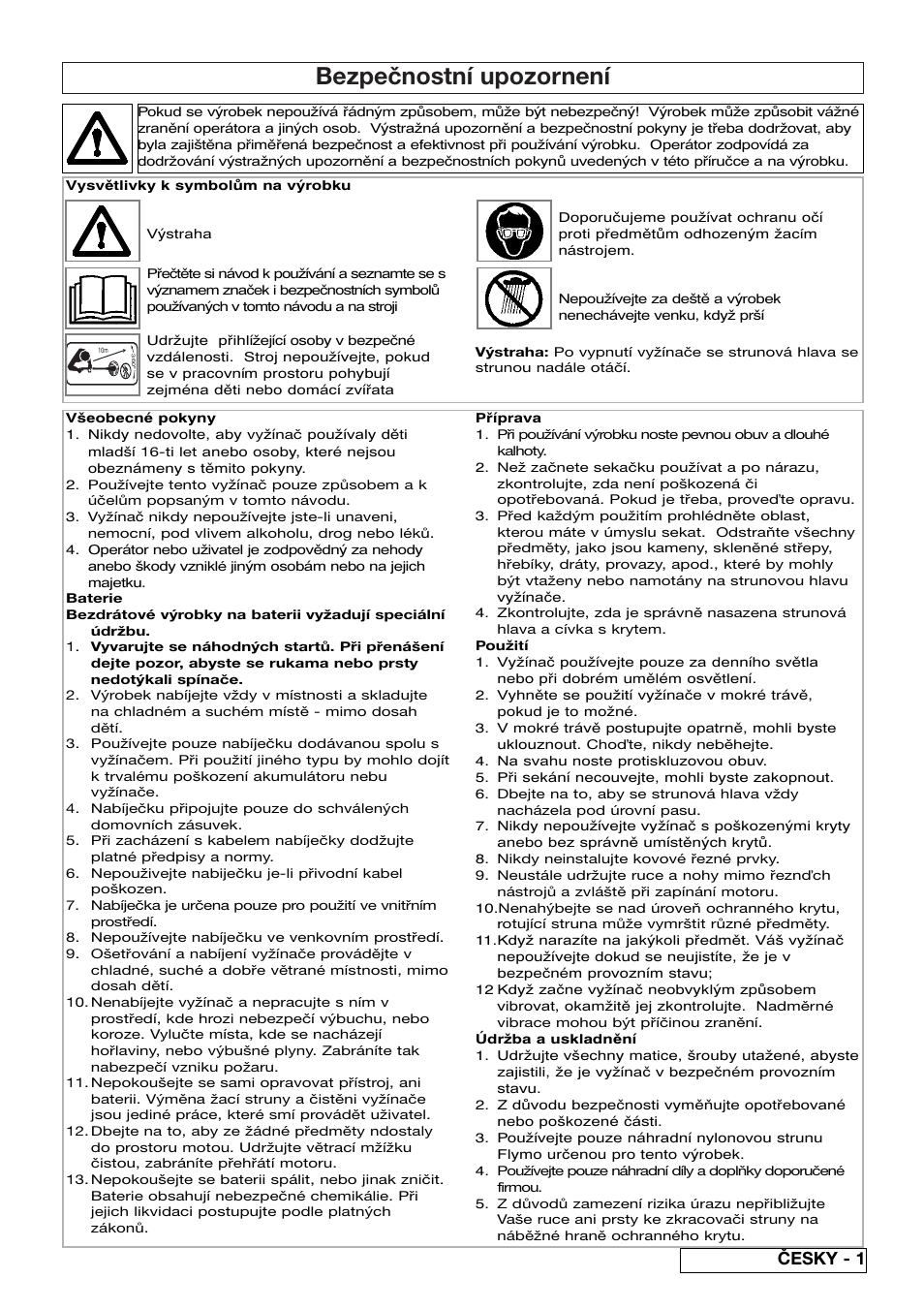 Bezpečnostní upozornení, Česky - 1 | Flymo Contour Power Plus Cordless Trimmer User Manual | Page 45 / 72
