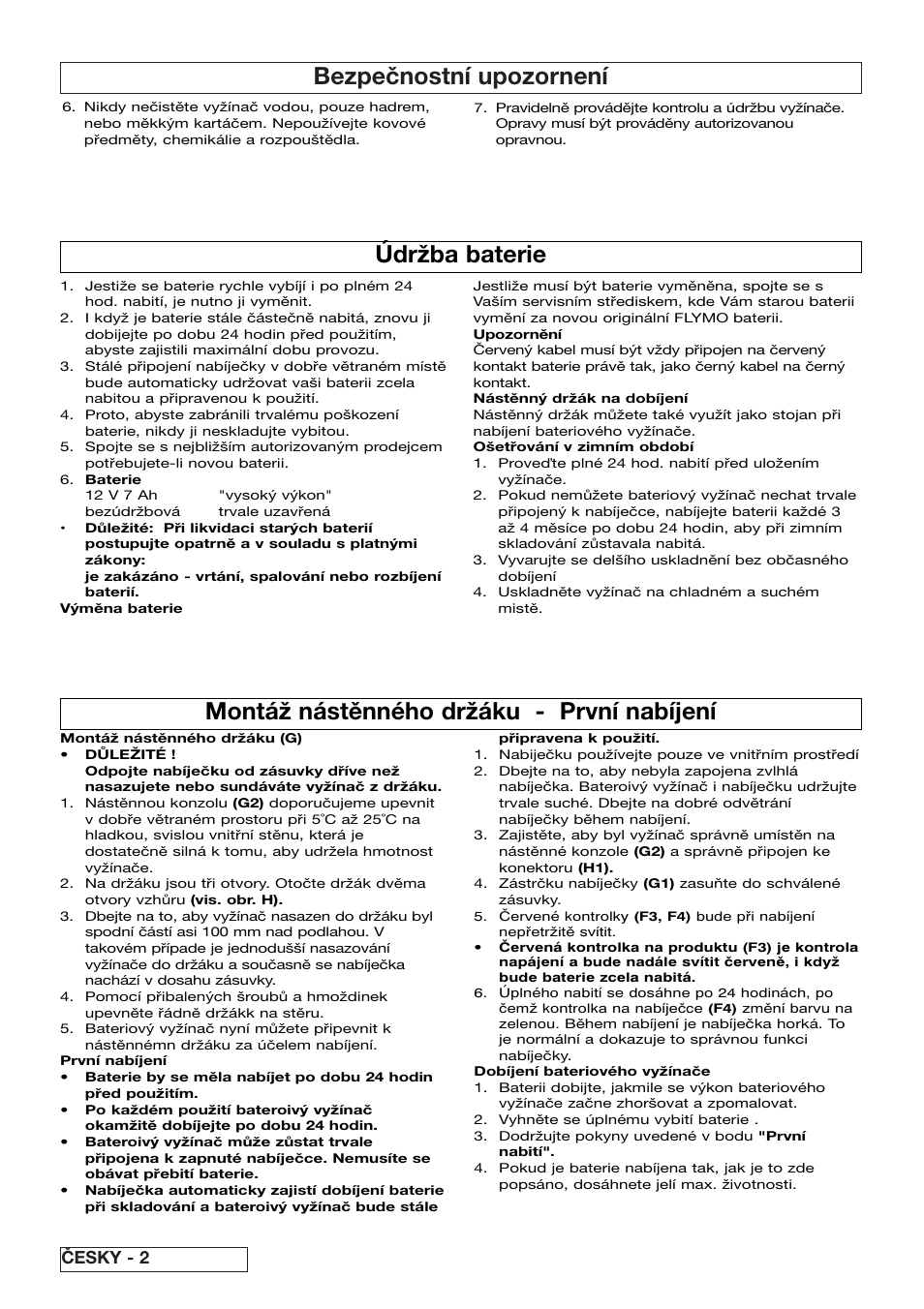 Bezpečnostní upozornení, Údržba baterie, Montáž nástěnného držáku - první nabíjení | Česky - 2 | Flymo Contour Power Plus Cordless Trimmer User Manual | Page 46 / 72