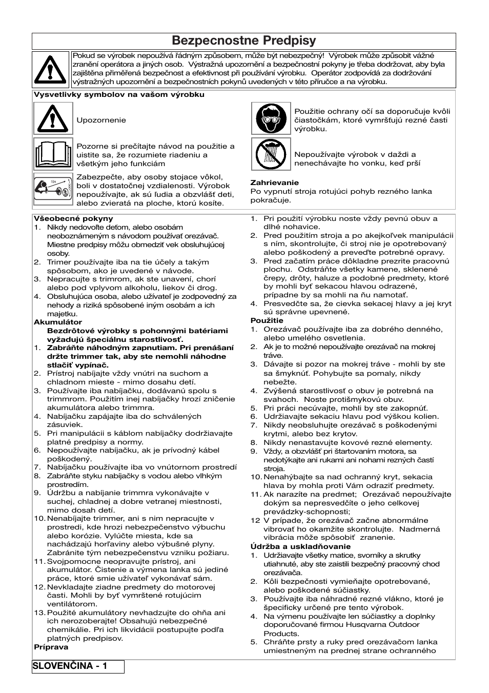 Bezpecnostne predpisy, Slovenčina - 1 | Flymo Contour Power Plus Cordless Trimmer User Manual | Page 48 / 72