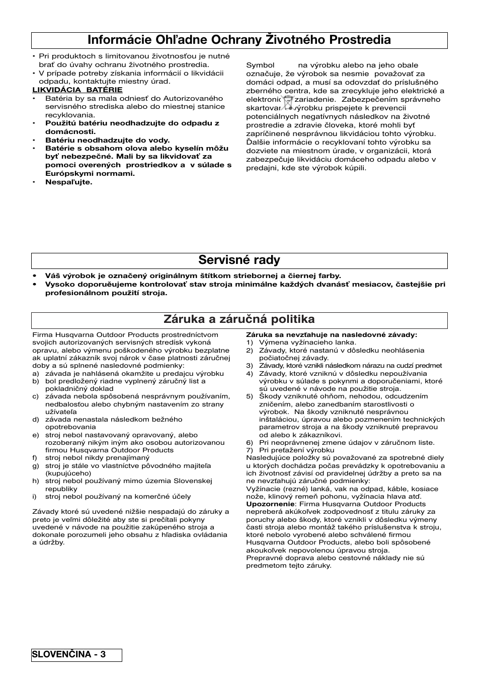 Informácie oh adne ochrany životného prostredia, Servisné rady, Záruka a záručná politika | Slovenčina - 3 | Flymo Contour Power Plus Cordless Trimmer User Manual | Page 50 / 72