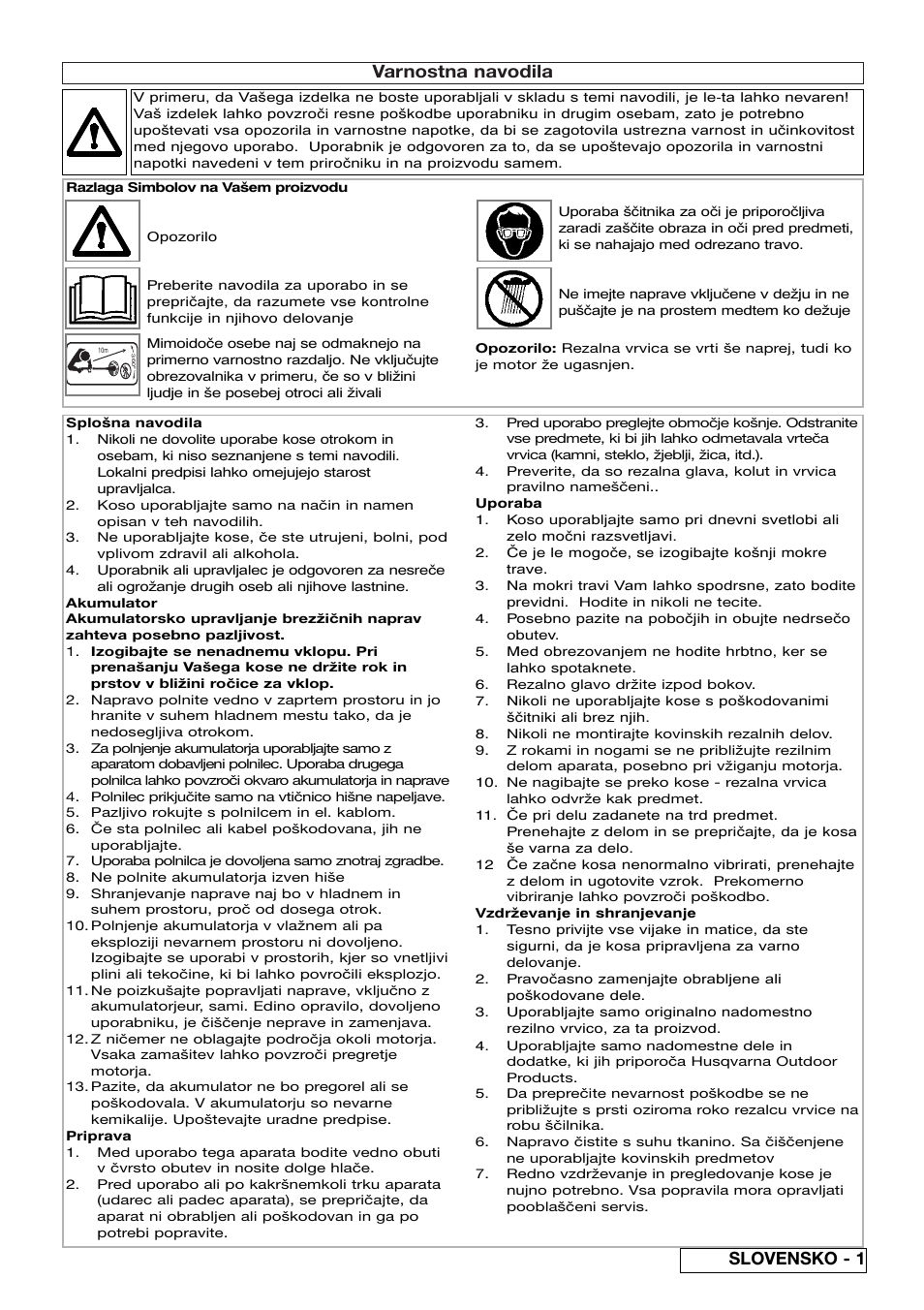 Varnostna navodila, Slovensko - 1 | Flymo Contour Power Plus Cordless Trimmer User Manual | Page 51 / 72