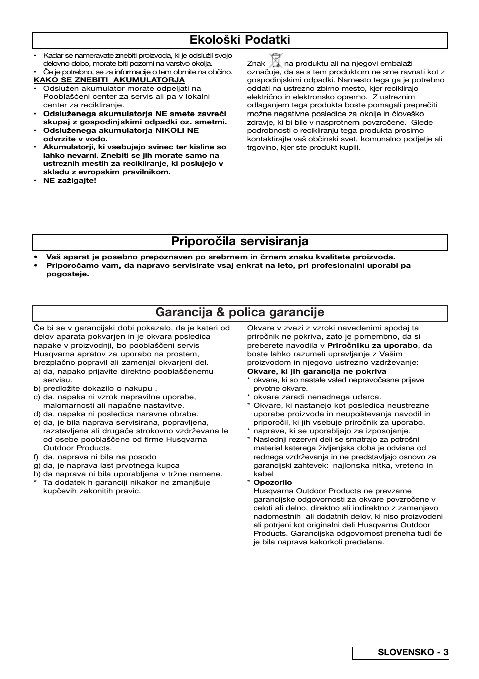 Garancija & polica garancije, Ekološki podatki, Priporočila servisiranja | Slovensko - 3 | Flymo Contour Power Plus Cordless Trimmer User Manual | Page 53 / 72