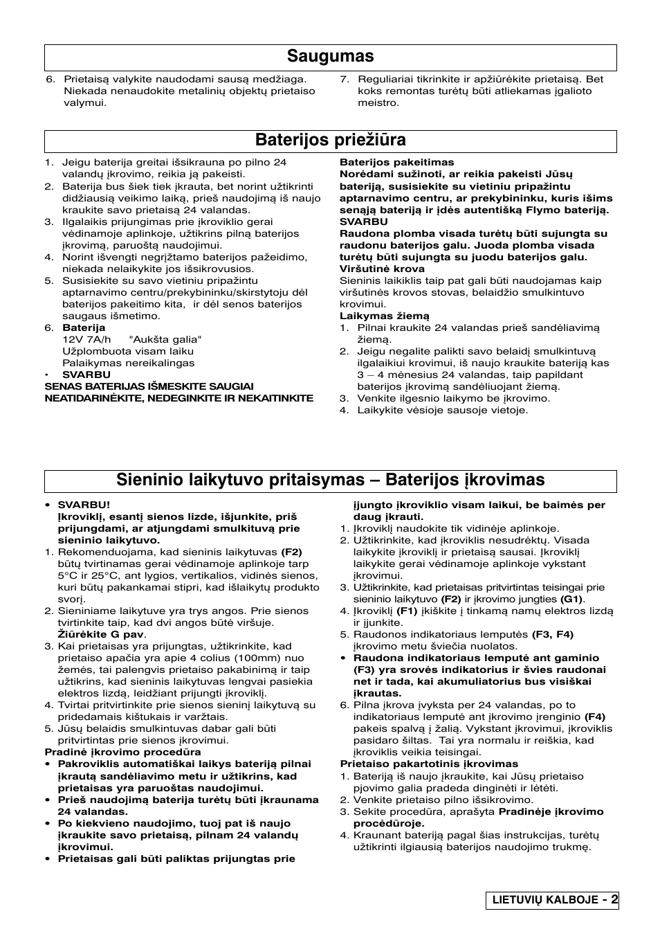 Saugumas, Baterijos priežiūra | Flymo Contour Power Plus Cordless Trimmer User Manual | Page 55 / 72