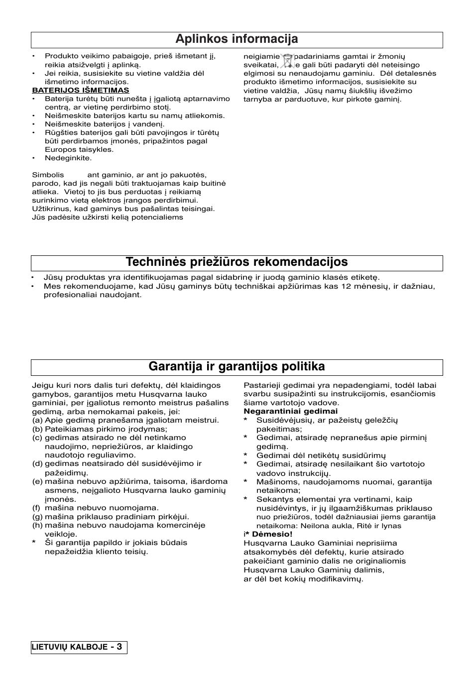 Aplinkos informacija, Garantija ir garantijos politika, Techninės priežiūros rekomendacijos | Flymo Contour Power Plus Cordless Trimmer User Manual | Page 56 / 72