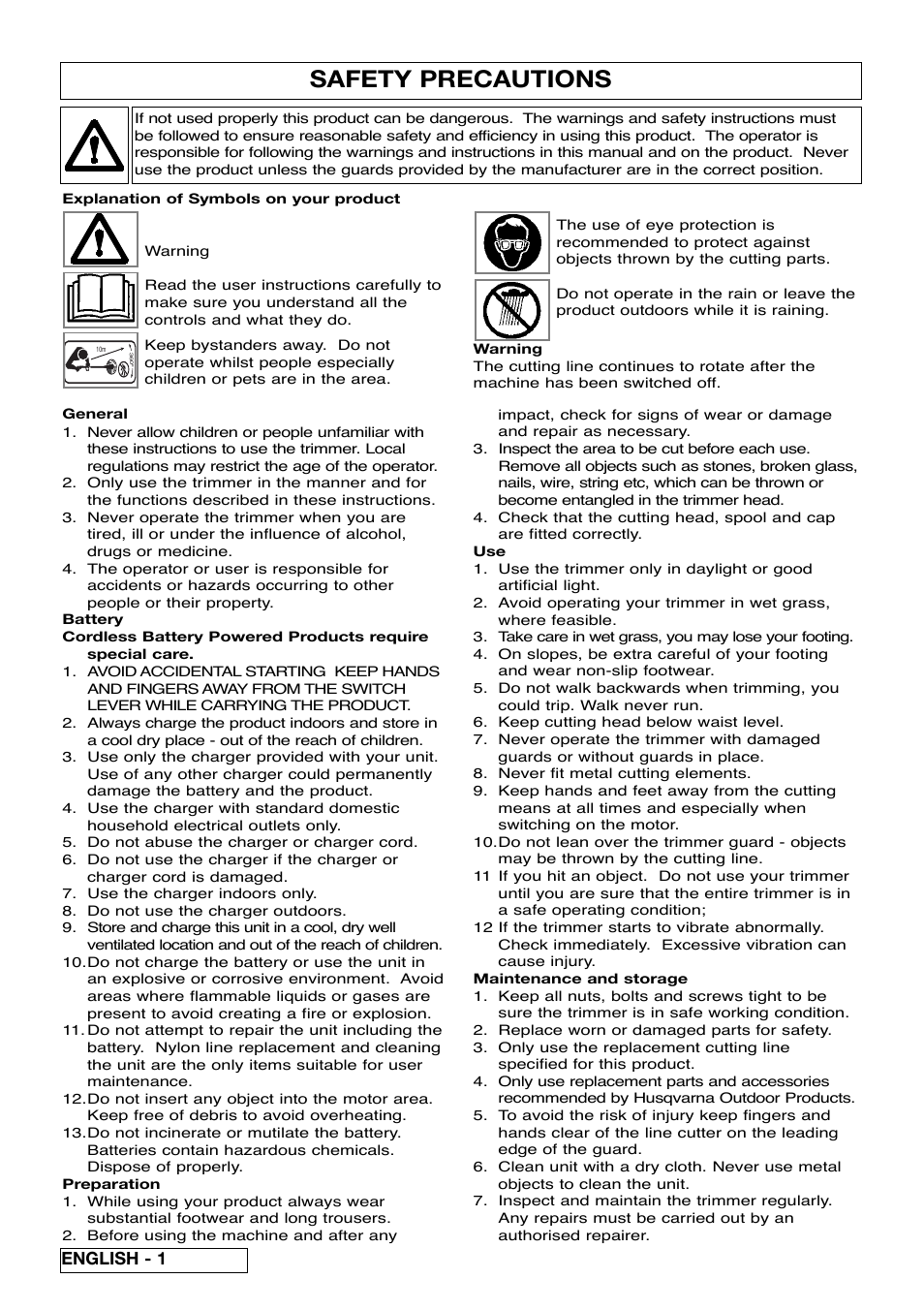 Safety precautions, English - 1 | Flymo Contour Power Plus Cordless Trimmer User Manual | Page 6 / 72