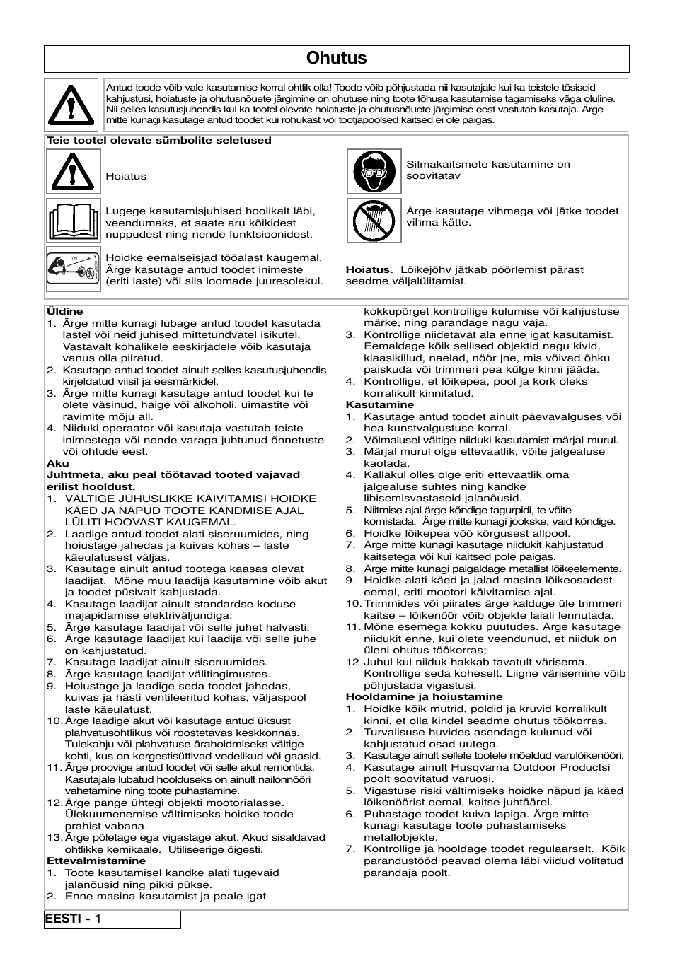 Ohutus, Eesti - 1 | Flymo Contour Power Plus Cordless Trimmer User Manual | Page 60 / 72