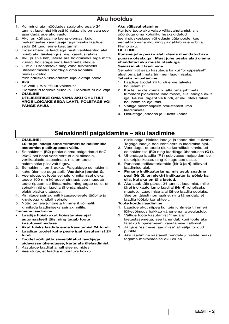 Aku hooldus, Seinakinniti paigaldamine – aku laadimine, Eesti - 2 | Flymo Contour Power Plus Cordless Trimmer User Manual | Page 61 / 72