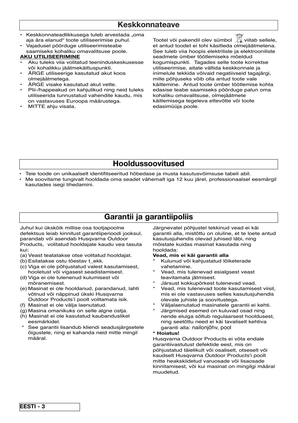 Keskkonnateave, Garantii ja garantiipoliis, Hooldussoovitused | Flymo Contour Power Plus Cordless Trimmer User Manual | Page 62 / 72