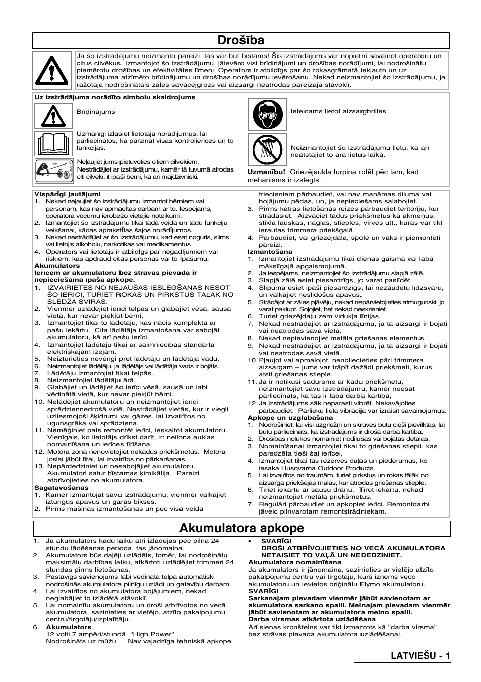 Dro|œba, Akumulatora apkope, Latvie{u - 1 | Flymo Contour Power Plus Cordless Trimmer User Manual | Page 63 / 72