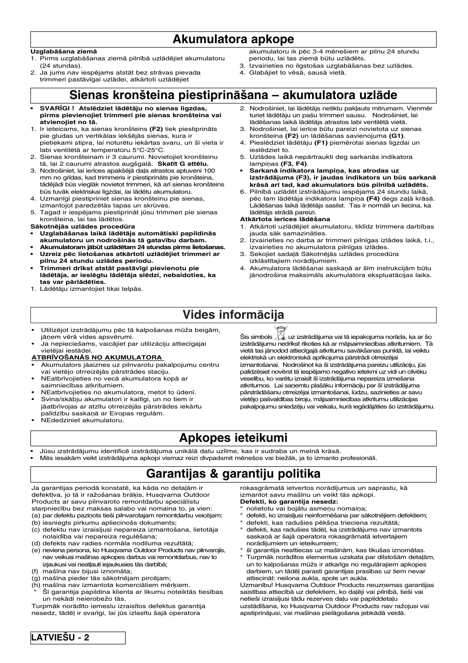 Vides inform◊cija, Garantijas & garantiju politika, Apkopes ieteikumi | Akumulatora apkope, Latvie{u - 2 | Flymo Contour Power Plus Cordless Trimmer User Manual | Page 64 / 72