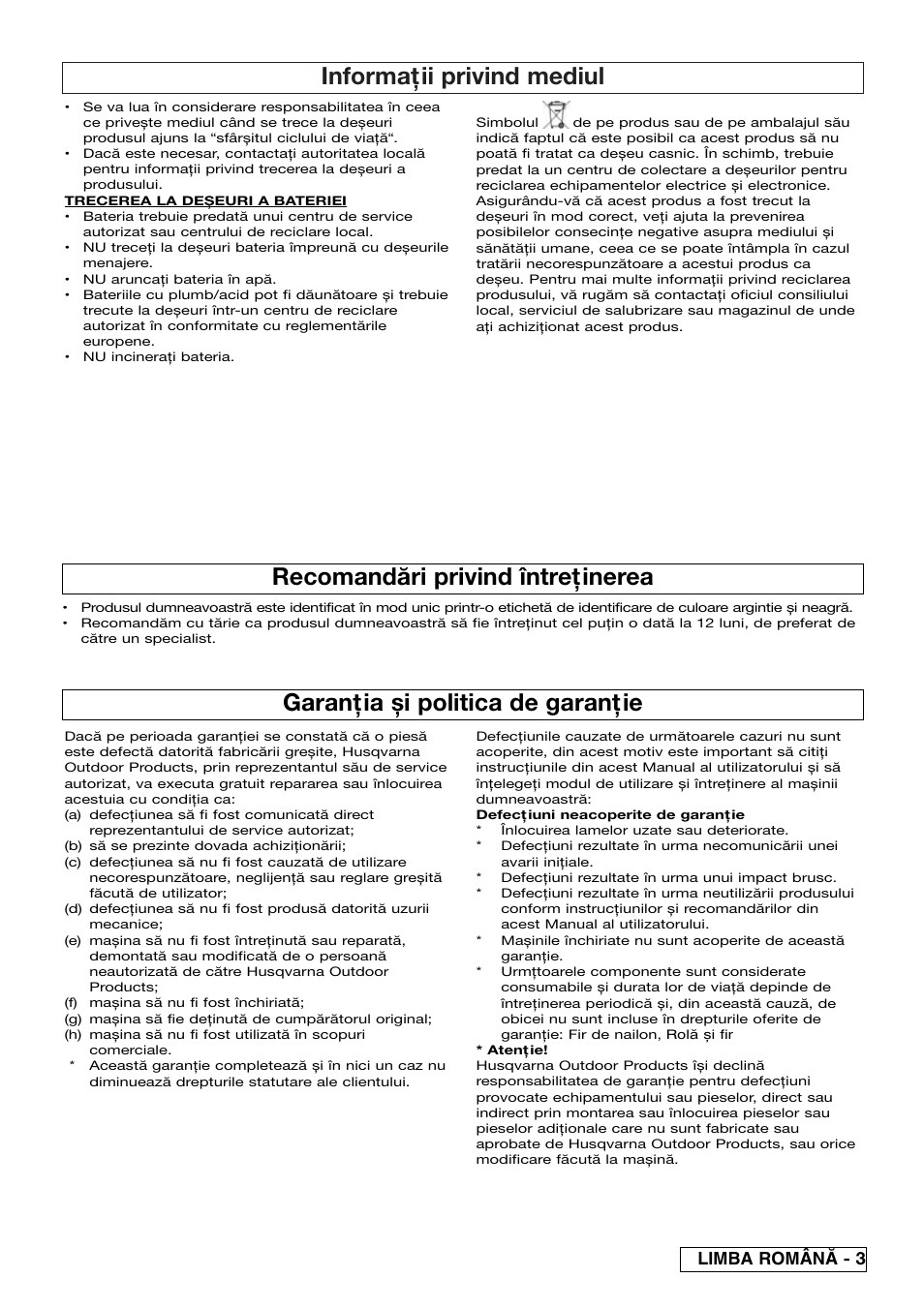 Informaţii privind mediul, Garanţia și politica de garanţie, Recomandări privind întreţinerea | Limba român^ - 3 | Flymo Contour Power Plus Cordless Trimmer User Manual | Page 67 / 72