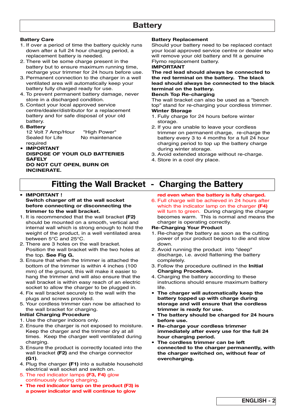 Fitting the wall bracket - charging the battery, Battery, English - 2 | Flymo Contour Power Plus Cordless Trimmer User Manual | Page 7 / 72