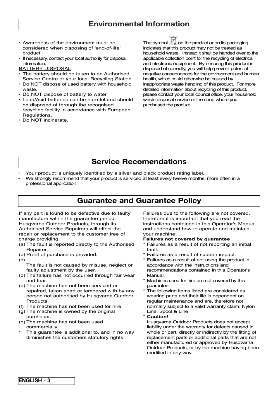 Environmental information, Guarantee and guarantee policy, Service recomendations | Flymo Contour Power Plus Cordless Trimmer User Manual | Page 8 / 72