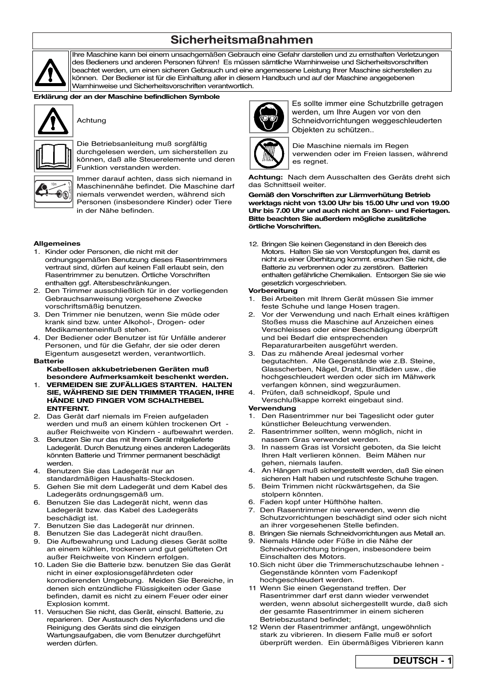 Sicherheitsmaßnahmen, Deutsch - 1 | Flymo Contour Power Plus Cordless Trimmer User Manual | Page 9 / 72