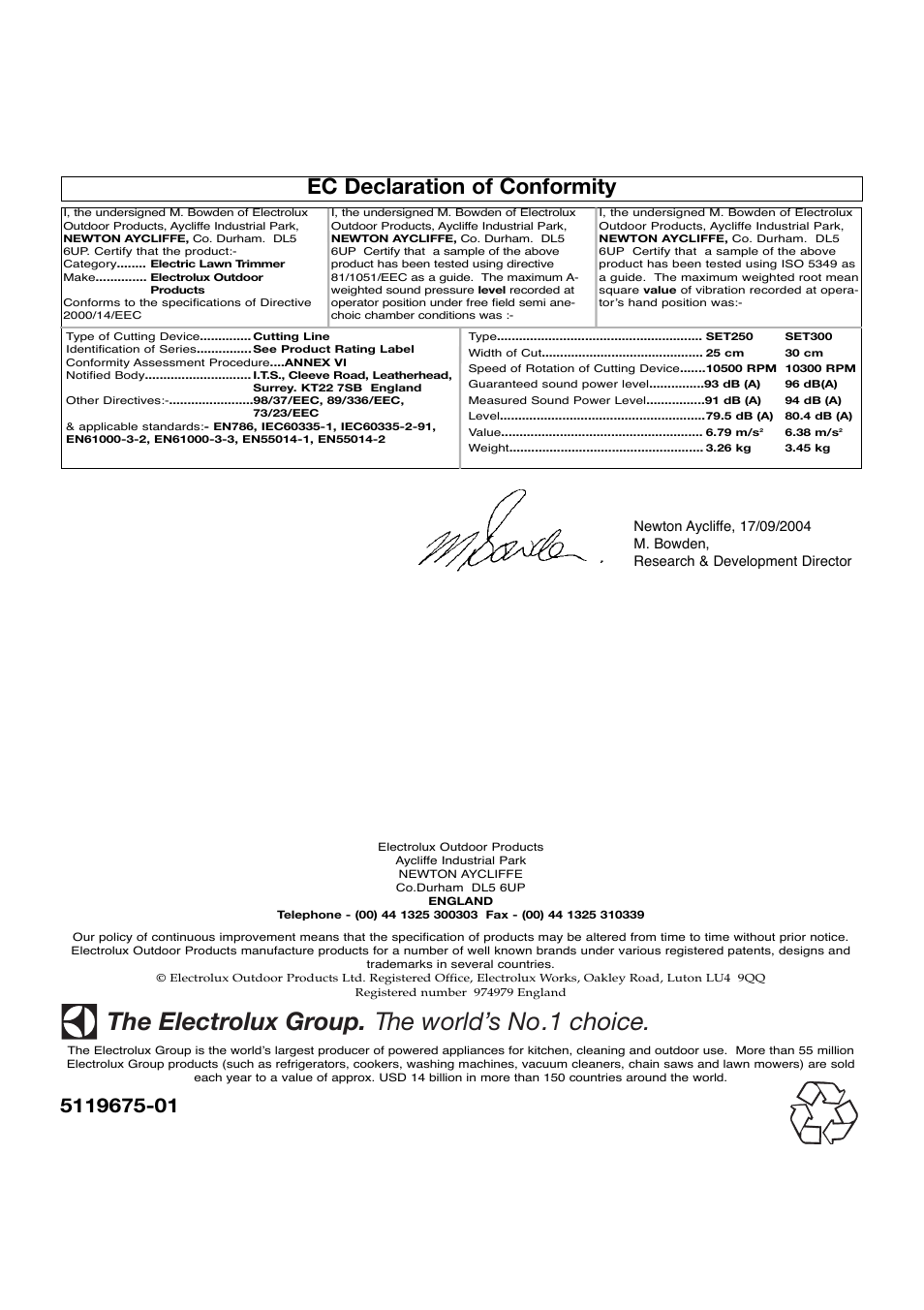 Ec declaration of conformity, The electrolux group. the world’s no.1 choice | Flymo 511967501 User Manual | Page 9 / 9