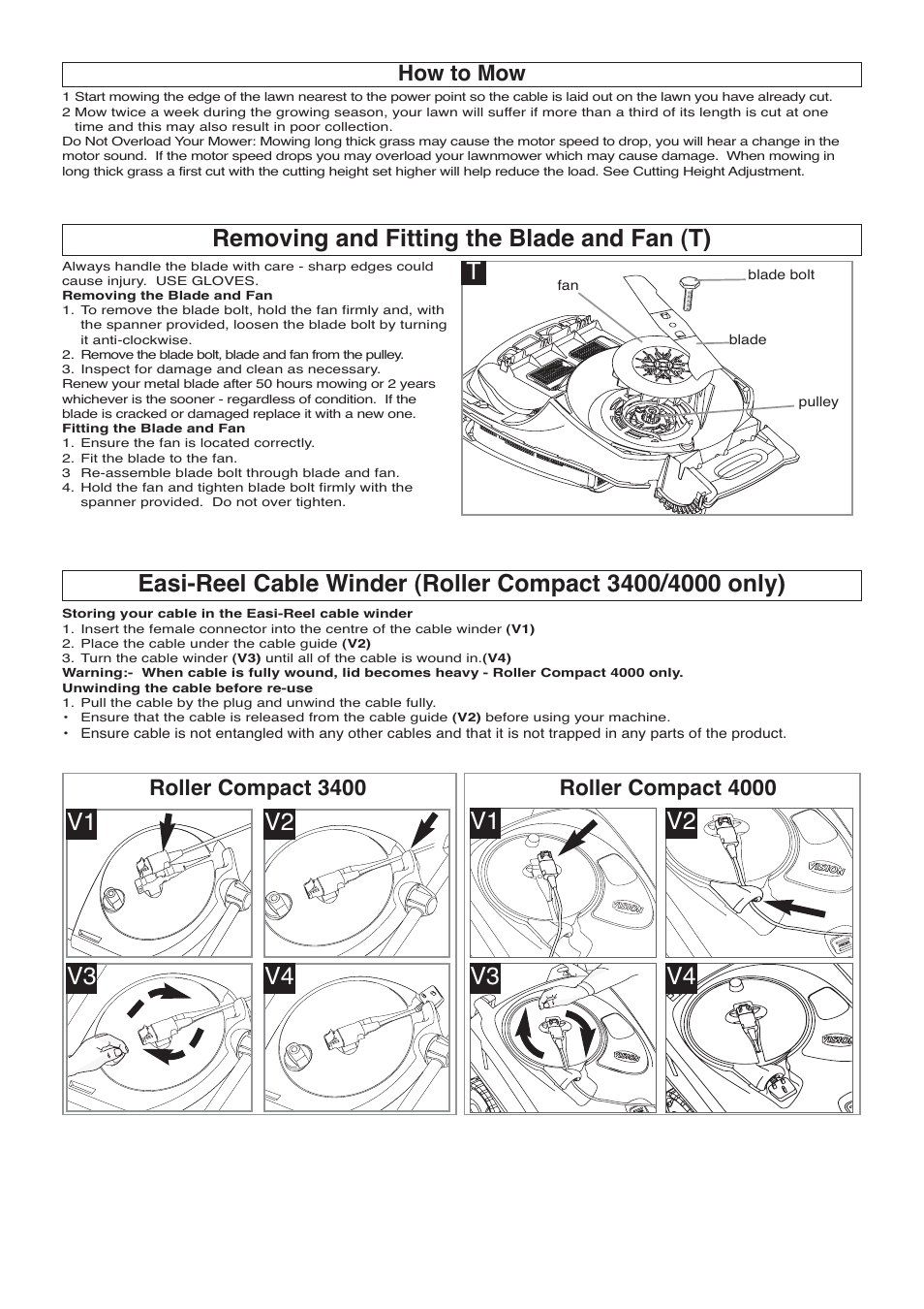 Removing and fitting the blade and fan (t) t, V1 v2 v3 v4, How to mow | Flymo 400 User Manual | Page 6 / 9