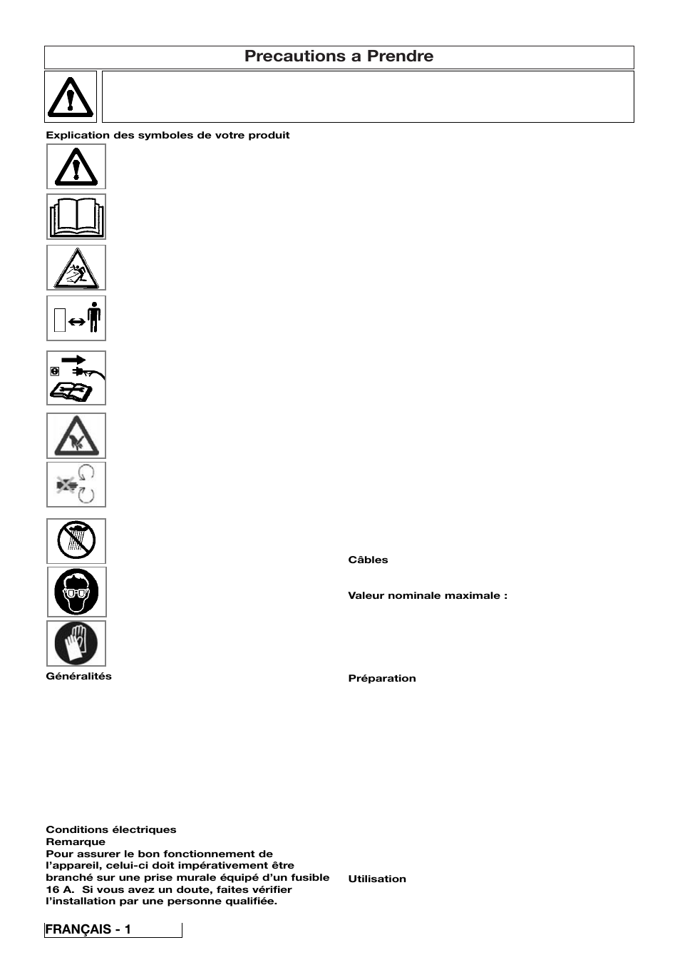 Precautions a prendre, Français - 1 | Flymo 510740403 User Manual | Page 12 / 72