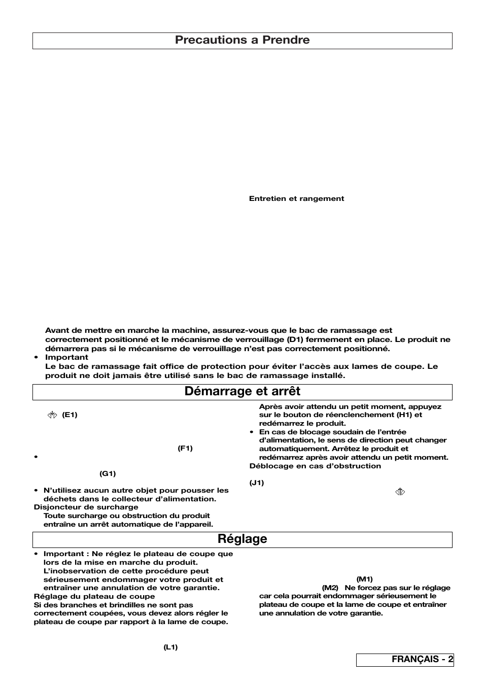 Démarrage et arrêt, Réglage, Precautions a prendre | Français - 2 | Flymo 510740403 User Manual | Page 13 / 72