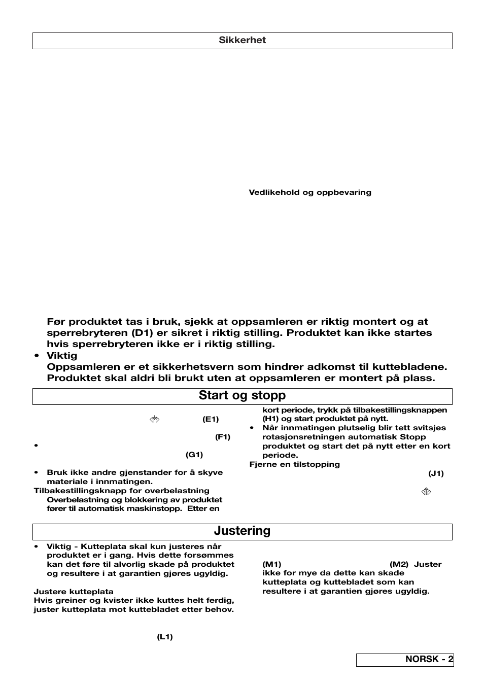 Start og stopp, Justering, Sikkerhet | Norsk - 2 | Flymo 510740403 User Manual | Page 19 / 72